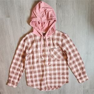 Poem & Thread Women's Long Sleeve Pink Plaid Button Down Hooded Shirt Small S